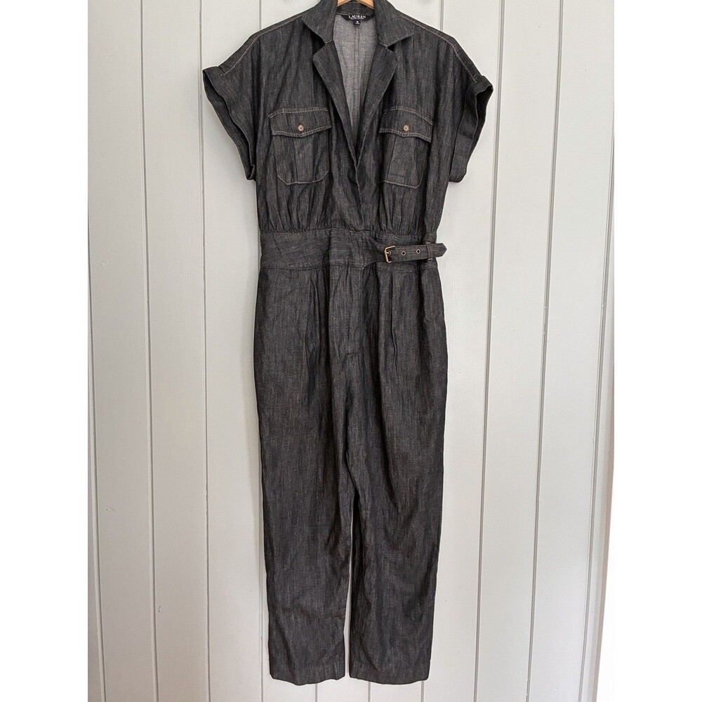 Lauren Ralph Lauren Denim Jumpsuit Black Wash Collar Short Sleeve Size 10